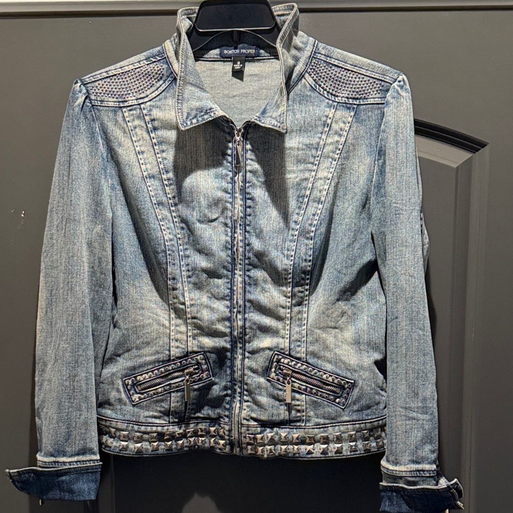 Boston Proper Embellished Light Blue Denim Jacket